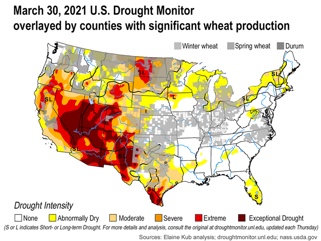 The latest U.S. Drought Monitor shows large regions plagued by expanding drought, some of which overlap with major wheat-producing regions. (USDA graphic)