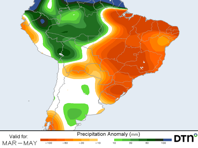 March-through-May rainfall will be below normal for the Brazil safrinha corn areas. (DTN graphic)