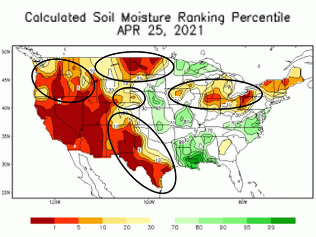 Crop areas in the northern Midwest, northern and southwestern Plains, and the northwestern U.S. have well-under 50% of average soil moisture. (NOAA/CPC graphic)