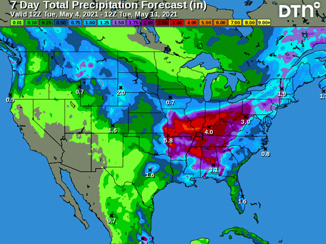 Heavy precipitation is forecast through May 11 from Montana southeast to the Gulf Coast. (DTN graphic)