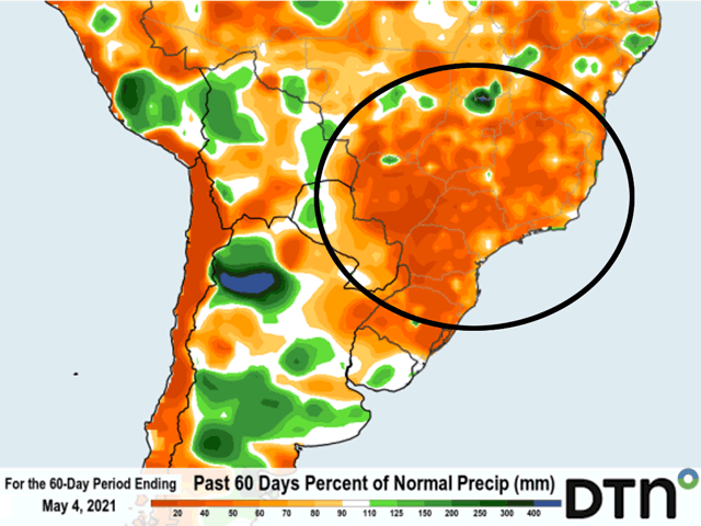 Dryness has encompassed the central Brazil growing areas for the past two months. (DTN graphic)