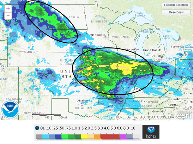 Portions of the Northern Plains took in rainfall of up to 1 inch during May 8-9, while a large sector of the Midwest had amounts of 2 inches or heavier. (NOAA graphic) 