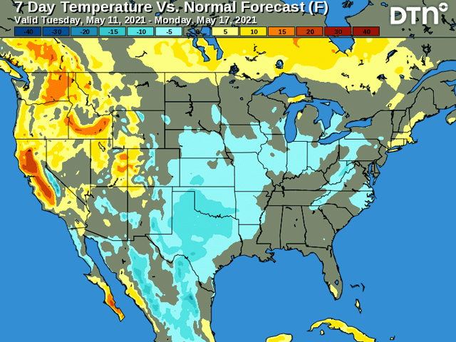 Temperatures east of the Rockies will remain cold for much of the week, including frost risk the next few nights. (DTN graphic)