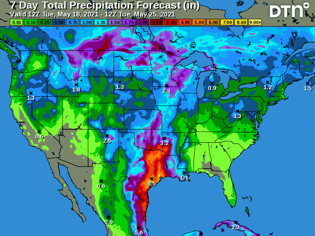 Precipitation across the northern tier of the country through May 25 will be a welcome relief to dry fields. (DTN graphic)