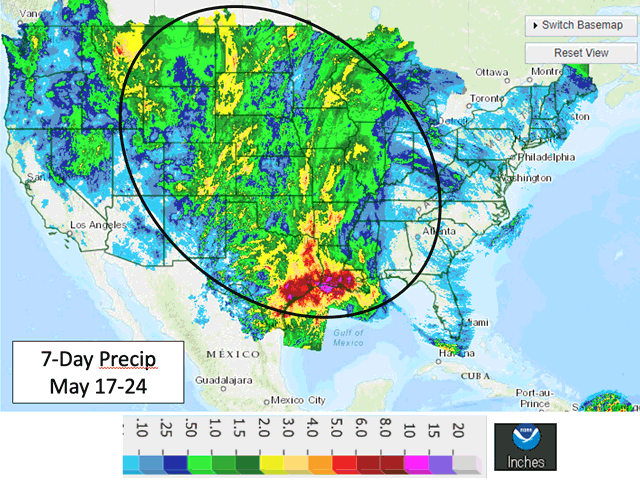 Many crop areas of the Plains and Midwest received moderate to heavy rainfall during the May 17-24 period.