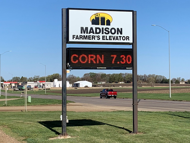 This picture, taken May 7, outside an elevator in Madison, South Dakota, stands as a reminder of how widespread the cash corn rally became, reaching well into the Western Corn Belt. (DTN photo by Todd Hultman)