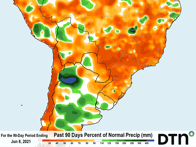 Rainfall deficits in Brazil have been quite extreme during the last three months with many areas seeing 50% or less of normal rainfall. (DTN graphic)