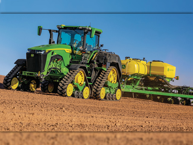 The Association of Equipment Manufacturers&#039; May report shows strong sales in 100-plus-horsepower, two-wheel drive tractors, four-wheel-drive units and combines. (Photo courtesy of John Deere)