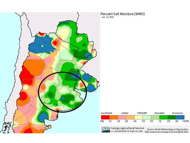 Soil moisture across the main growing regions in Argentina are quite good as winter wheat planting gets into full swing. (USDA FAS image)