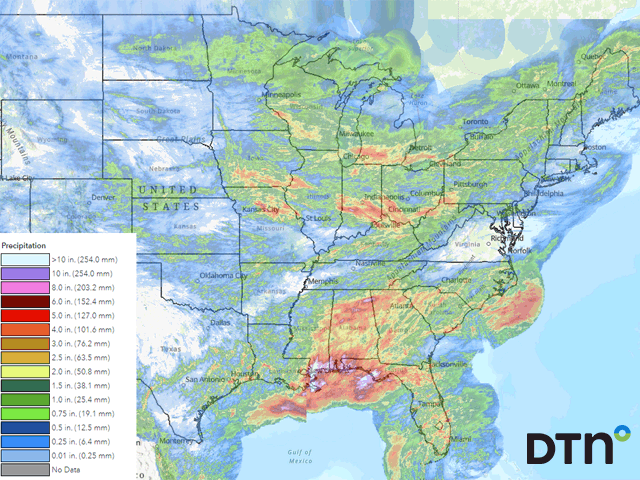 Strips of heavy rain fell amongst more light to moderate rain across the Eastern Corn Belt last week. But dry conditions continued to plague the Northwestern Plains and portions of the Upper Midwest. (DTN graphic)