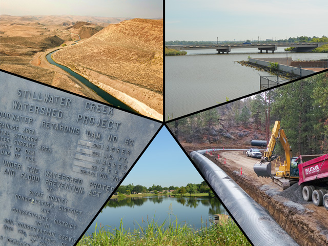 Water infrastructure in rural America addresses both drought and flood challenges. From top left, a canal in an eastern Oregon irrigation district; Boomer Lake in Stillwater, Oklahoma, one of the largest USDA-constructed reservoirs in the country; pipeline construction in Tumalo Irrigation District in central Oregon; another flood control dam surrounded by a Stillwater, Oklahoma, residential neighborhood; and a construction plaque near another floodwater dam in rural Oklahoma. (DTN image with Oklahoma photos by Chris Clayton and Oregon photos courtesy of Farmers Conservation Alliance) 