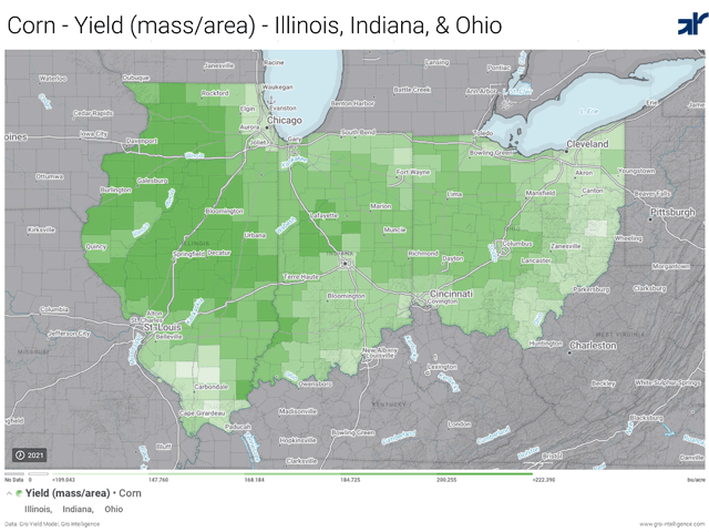 Strong, even potentially record-breaking corn yields (shown here, with dark green coloring in Gro's real-time yield model), were a common story as Day Four of the 2021 DTN Digital Yield Tour explored Illinois, Indiana and Ohio. (Map courtesy of Gro Intelligence) 