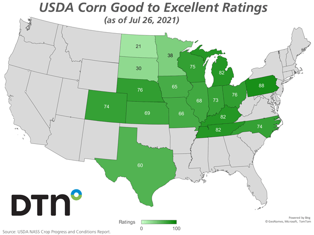 The corn crop in Pennsylvania leads all states with a good-to-excellent rating of 88%. (DTN graphic by Nick Scalise)