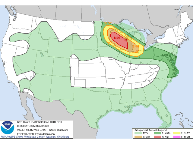 Severe storms are expected from northeast Minnesota into the southern Great Lakes Wednesday afternoon through the overnight hours. A moderate risk of severe weather issued by the Storm Prediction Center does not happen often in this area of the country and should be taken seriously. (NOAA image)