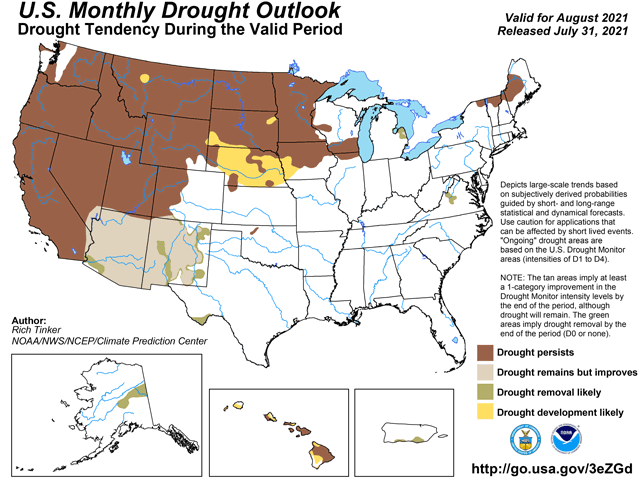 Official NOAA Climate Prediction Center expectations call for the north-central U.S. drought to expand into the central Plains during August. (NOAA graphic)