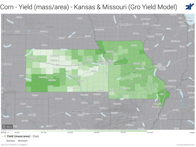 Plenty of moisture and seasonable summer heat have encouraged strong Missouri corn yields, shown here by darker green coloring in Gro Intelligence&#039;s real-time yield maps. In Kansas, the picture is spottier, as midsummer heat and dryness has chipped away at the state&#039;s early yield potential. (Map courtesy of Gro Intelligence)
