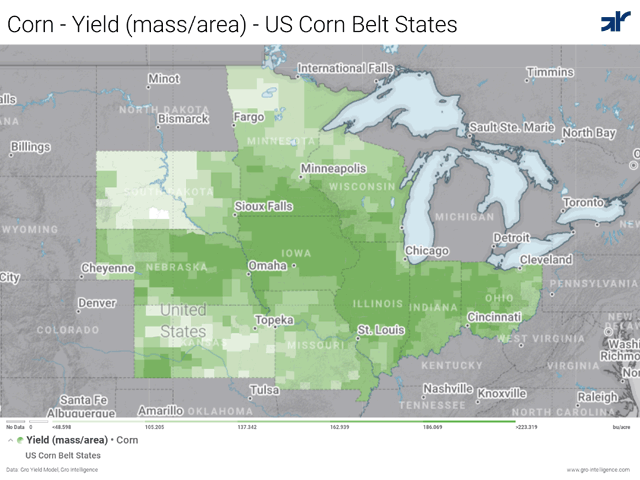 Final average corn yield could hit 176.5 bushels per acre (bpa), according to the final day of the 2021 DTN Digital Yield Tour, a near-record level that currently sits 2 bpa above USDA&#039;s August estimate. Dark green coloration indicates higher yields in Gro&#039;s county-level, real-time yield map of the Corn Belt above. (Map courtesy of Gro Intelligence)