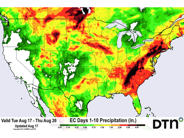 Models continue to suggest good rainfall coverage and amounts for the Western Corn Belt. The latest run of the European model suggests 1 to 3 inches of rainfall across most of the area during the next 10 days. (DTN graphic)