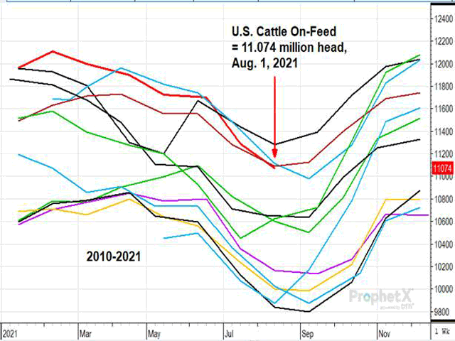 Cattle and calves on feed for the slaughter market in the United States for feedlots with capacity of 1,000 or more head totaled 11.1 million head on Aug. 1, 2021. (DTN ProphetX chart)