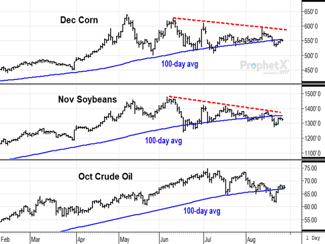 Crude oil prices have become the proxy for the world&#039;s concerns about COVID-19 and show signs of rebounding after succumbing to bearish fears just one week ago. The outside influence has also affected corn and soybean prices. (DTN ProphetX chart by Todd Hultman) 