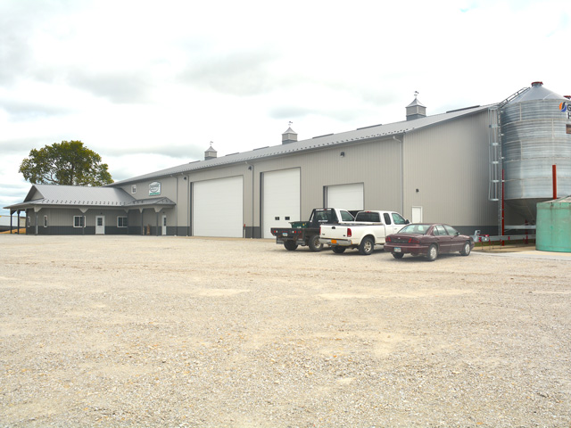 Blake Reynolds&#039; new shop is 5,100 square feet larger than his old one and offers equipment access by way of four overhead doors. Building posts are reinforced, and roof trusses were extended beyond the walls and secured with hurricane clips. (DTN/Progressive Farmer photo by Matthew Wilde)
