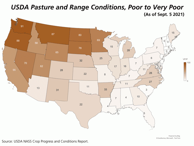 A map shows states with poor to very poor pasture conditions. USDA adjusted its emergency program for livestock producers to pay up to 60% of the costs producers might be paying to ship feed to their livestock. (DTN map using USDA Crop Progress data)