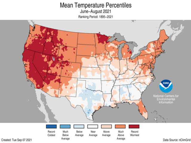 The summer of 2021 was the hottest on record with large portions of the country seeing their hottest summer ever, particularly in the West. (NOAA graphic)