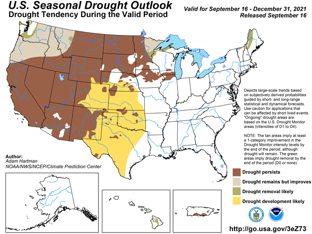 Drought is expected to develop across the Southern Plains wheat areas during fall 2021 with a strong tie to an expected La Nina event in the Pacific Ocean. (NOAA/CPC graphic)