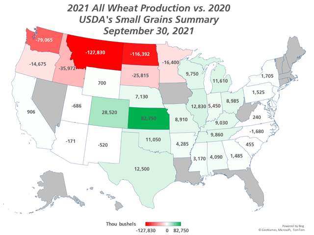 Nothing illustrates the spring and summer weather pattern in 2021 quite like wheat production changes from last year. (DTN graphic)