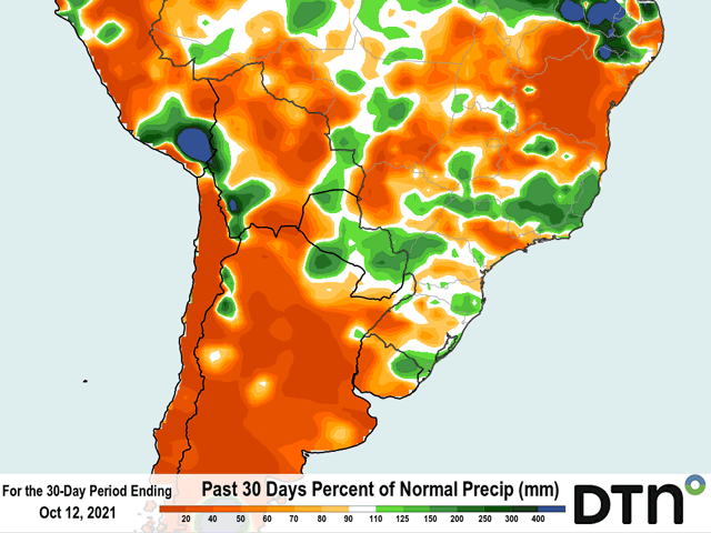 Dryness across Argentina, like that experienced during the last month, is typical of La Nina spring in South America. Southern Brazil is usually affected as well but has not seen the dryness as much. (DTN graphic)
