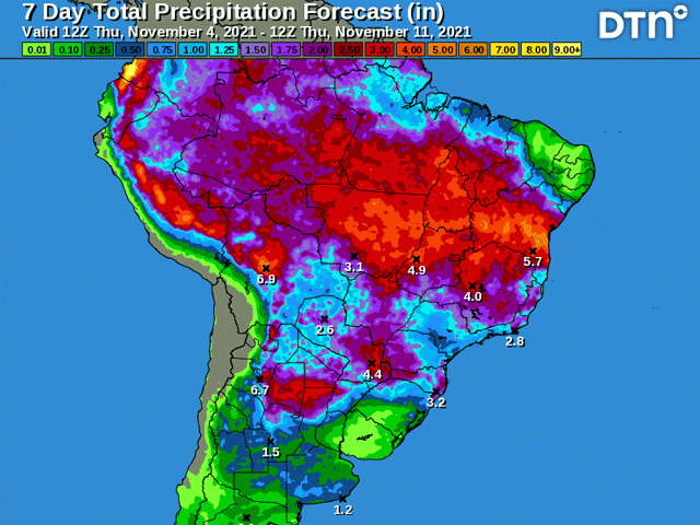 After a front moves through Argentina by Nov. 6, drier conditions are anticipated for Argentina. But there will still be some showers going through next week. (DTN graphic)