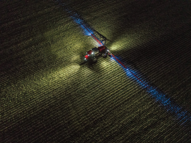 Patriot 50 series sprayers include lighting on the front hood, cab and tank, plus a center-section beacon light. Optional, factory-installed, blue-lens spray pattern lights provide visibility of applications and nozzles. (Photo courtesy of Case IH)