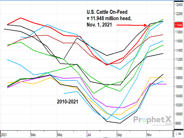 Cattle and calves on feed for the slaughter market in the United States for feedlots with capacity of 1,000 or more head totaled 11.9 million head on Nov. 1, 2021. The inventory was slightly below Nov. 1, 2020, USDA NASS said on Friday. (DTN ProphetX chart)