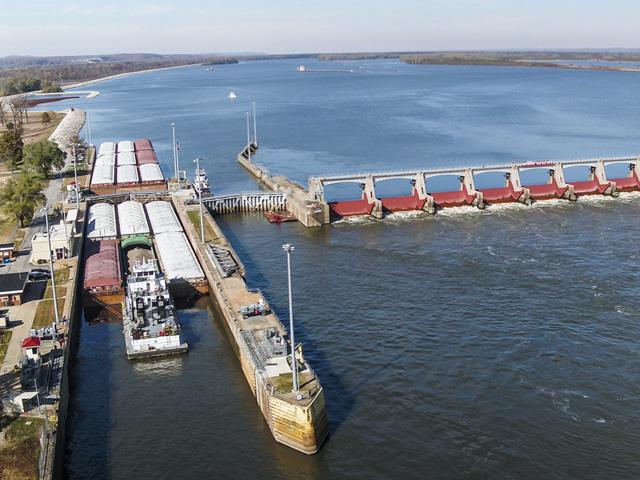 Lock and Dam 25 near Winfield, Missouri, on the Mississippi River was first built in 1939. The Corps of Engineers announced $732 million in funding to begin work on a new lock and dam to allow larger barge tows to move through the lock. (Photo courtesy of United Soybean Board) 