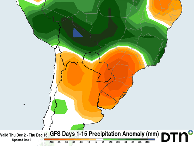 The precipitation forecast across Brazil for the next two weeks is showing a very stark contrast from north to south as early planted crops get into reproductive stages of growth. (DTN graphic)