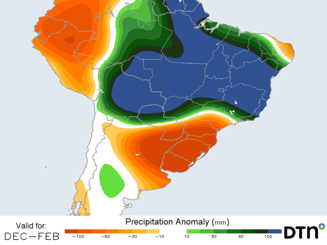 There continues to be a stark contrast between north and south in South America rainfall predictions for the summer season. (DTN graphic)
