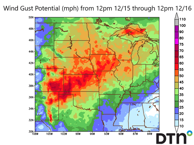 DTN&#039;s forecast wind gusts between 12 p.m. Dec. 15 and 12 p.m. Dec. 16 showcase the potential for wind gusts more than 60 mph in a large area from the Plains into the Midwest. (DTN graphic)