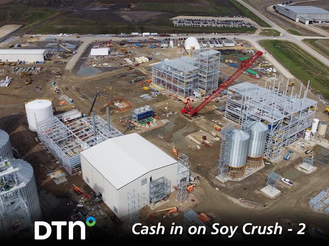 Shell Rock Soy Processing is under construction in Shell Rock, Iowa. In this drone photo taken in early May, most of the infrastructure is already in place to receive soybeans late this fall, namely bins. The plant is expected to be operational by the end of the year. (Photo courtesy of Fagen Inc. and Shell Rock Soy Processing)
