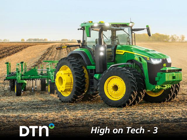 John Deere&#039;s 8R autonomous tractor moves with the visual power of six stereo cameras. (Photo provided by John Deere)