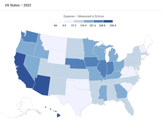 The darker the blue shading, the higher the average cash rental rate. (Map courtesy of USDA)