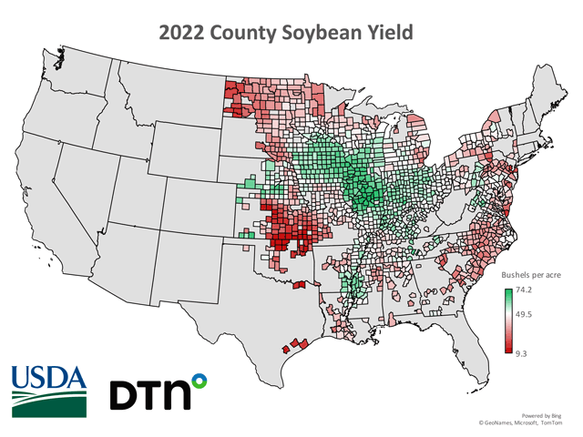 The national average soybean yield was 49.5 bushels per acre in 2022. Counties shaded green had yields that were higher than the national average, while those in red came in below average. (DTN map by Kathryn Myers)