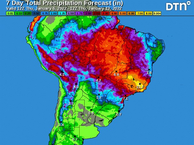 This seven-day precipitation forecast map has looked very similar during the last two months. (DTN graphic)