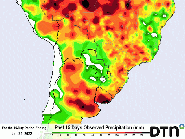 This graphic shows the heavy rainfall over Argentina in the last 15 days and the lack thereof in Paraguay and far southern Brazil. (DTN graphic)