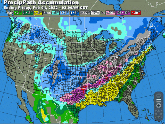 Widespread heavy snow, sleet and freezing rain are forecast from the Central and Southern Plains to the Northeast through Feb. 4. (DTN graphic)