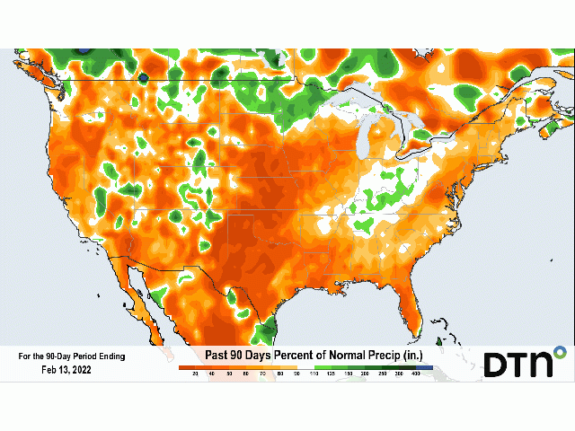 A look back at the last 90 days shows below-normal precipitation for most of the U.S. with increased precipitation for portions of the Northern Plains up into the Canadian Prairies due to a persistent clipper pattern. We should see some changes in this pattern coming up. (DTN graphic)