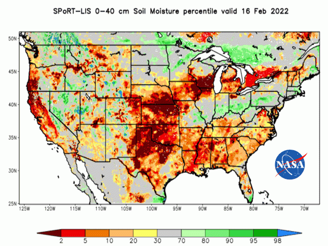 Soil moisture analysis shows very dry conditions in the primary corn root zone over the northern and western Midwest through Southern Plains and a wetter signal in the Ohio Valley and the Red River Valley. (NASA graphic)