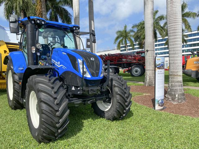 CNH is producing alternative-fuel and electric-powered vehicles as part of its strategy to bring more propulsion options to farmers and to meet its CO2 reduction goals. Here is New Hollands T6 180 tractor. It will be available for purchase in the U.S. later this year. (DTN/Progressive Farmer photo by Dan Miller)