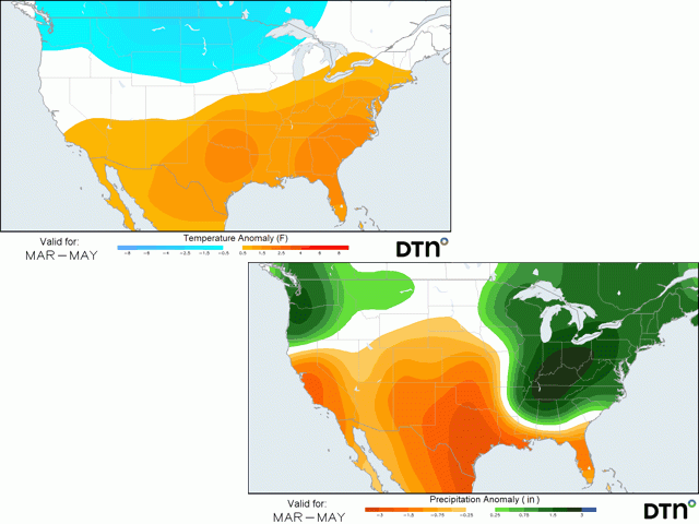 The spring 2022 forecast from DTN shows weather challenges for planting and early growth for much of the country. (DTN graphics)