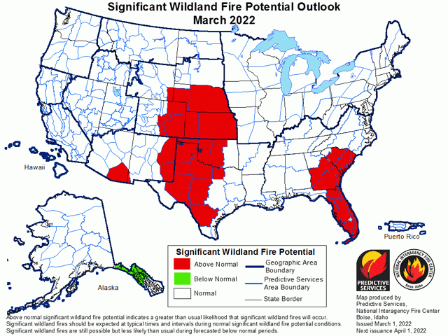 Ongoing dryness and expected warm conditions during March have the Central and Southern Plains and much of the southeastern U.S. in line for above-normal risk of significant wildland fire outbreaks. (National Interagency Fire Center graphic)