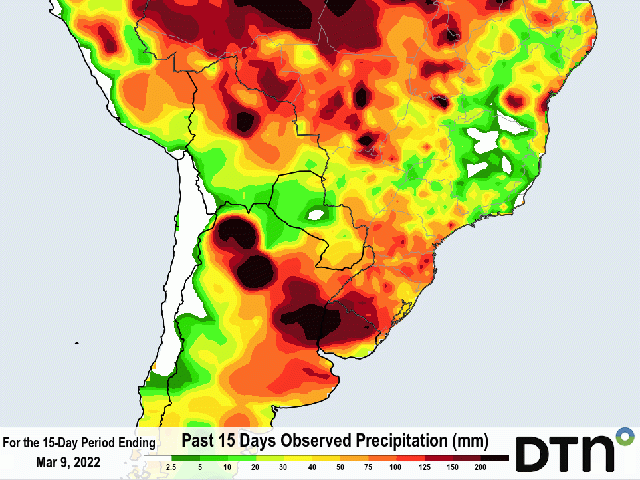 Rainfall during the last two weeks has been substantial across some of the driest parts of South America. (DTN graphic)
